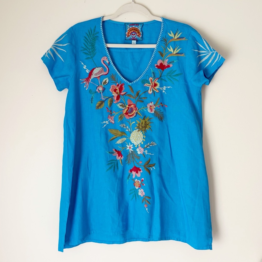 Johnny Was Blue Embroidered V-Neck Tunic Top